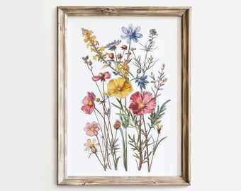 Vintage Wildflower Bouquet Art Print – Rustic Cottage Botanical (Digital Download)
