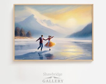 Vintage Ice Skating Lovebirds Art Print – Winter Lake Scene (Digital Download)