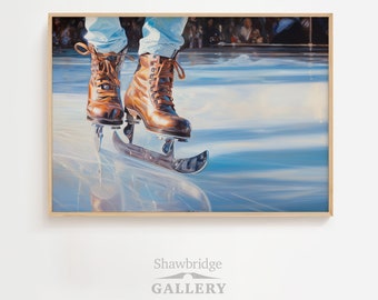 Peut inclure: Impression d'art encadrée de patins à glace sur la glace. L'œuvre représente des patins à glace en cuir marron avec des lacets, des lames et le bas des jambes d'une personne portant un jean bleu clair. La glace est bleu clair.