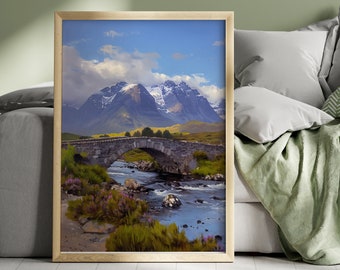 Könnte beinhalten: Gerahmter Kunstdruck mit einer Steinbrücke über einem Fluss, vor dem Hintergrund von Bergen. Das Kunstwerk, in einem natürlichen Holzrahmen, zeigt eine malerische Landschaft mit blauem Himmel und Wolken. Das Gemälde zeigt eine ruhige Szene im Freien.