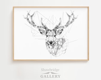 Red Stag Modern art, DIGITAL DOWNLOADABLE PRINT, Wall Art, Scottish Stag, Scottish Wildlife Print, Geometric Style, Monotone