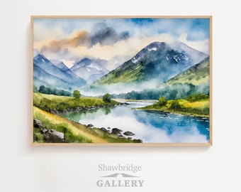 Impresión artística vintage de acuarela de las Tierras Altas de Escocia (descarga digital)