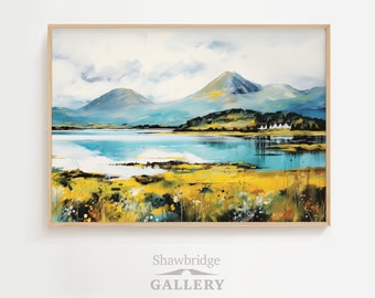 Paisaje de lago y montañas escocesas, pintura de acuarela vintage, IMPRESIÓN DIGITAL, arte de pared, pintura vintage, pintura de Escocia
