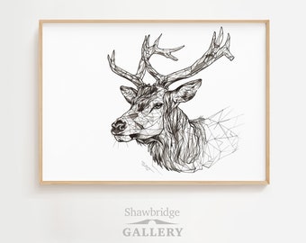 Geometric Stag Line Art Print: Minimalist Black and White (Digital Download)