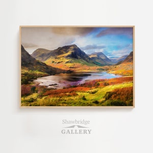 Scottish Highlands Mountains and the loch Oil Painting DIGITAL PRINT Wall Art, vintage oil painting, Scotland painting, highlands wall art