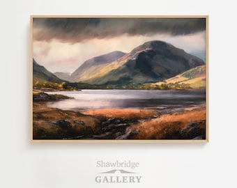 Impresión al óleo de un lago de las Tierras Altas de Escocia, paisaje vintage (descarga digital)