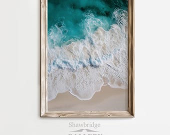 Aerial Beach Photography | Teal Ocean Waves Print | Coastal Wall Art | Beach House Decor | Turquoise Water | Sea Foam Art