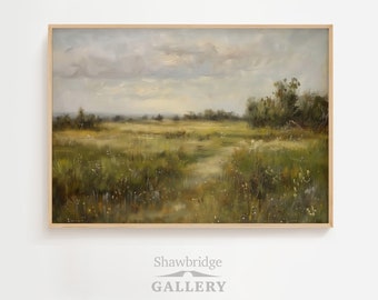 Peut inclure: Peinture à l'huile d'un paysage paisible avec une prairie herbeuse sous un ciel nuageux. L'œuvre, encadrée de bois clair, représente un chemin serpentant à travers le champ, avec des arbres et des collines lointaines. Le logo Shawbridge Gallery est en bas.