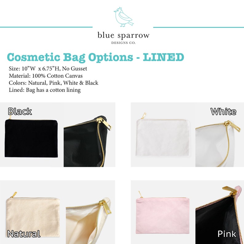 Lined cosmetic bag color options and details