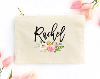 Gepersonaliseerde naam cosmetische tas met roze pioenbloemen en groen, cadeau voor bruidsmeisjes, make-up tas, bruiloft touch-up tas, aangepaste tas