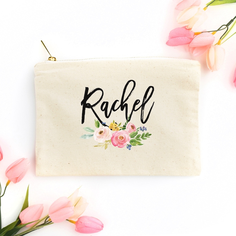 Personalized Name Cosmetic Bag With Pink Peony Flowers And Greenery