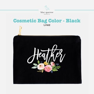 Lined cosmetic bag in black color with white font