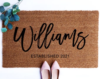 Customized Cursive Last Name With Established Date Personalized Coir Doormat