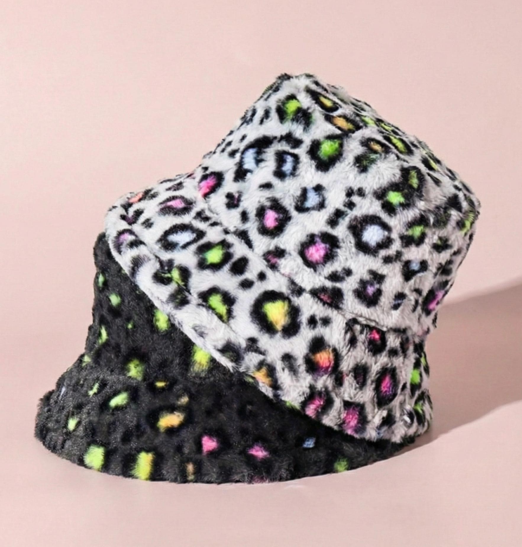 Y2K Fluffy Leopard Bucket Hat | Neon Rainbow Animal Print  display picture 1
