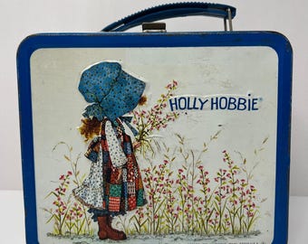 Aladdin Holly Hobbie Lunchbox Thermos Set Metal Embossed Blue Vintage 1972