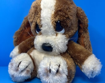 Peluche Applause Sad Sam, 30 cm, seduto, marrone e bianco, vintage 1987, giocattolo per cani Basset Hound.