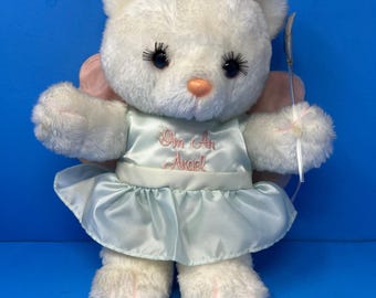 Miś pluszowy House of Lloyd Angel Teddy Bear 13 cali, biało-turkusowo-niebieska sukienka, różowe skrzydła, 1988