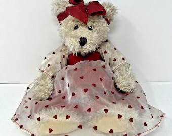 Russ Berrie Claudette Valentine Teddy Bear Plush 12" Hearts Dress Bow Gift Toy