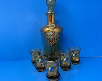 Set di decanter Boho in oro ambrato con fiori smaltati dipinti a mano, stile antico, 7 pezzi