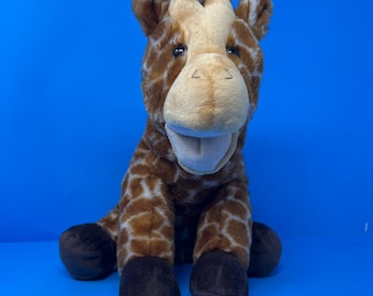 Marionetta a mano a forma di giraffa dello zoo degli animali, 35 cm, marrone chiaro, vintage 1994, peluche
