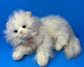 Peluche Ty Classic Cat Kit da 30 cm, bianco, edizione limitata 2006, a pelo lungo con fiocco floreale.