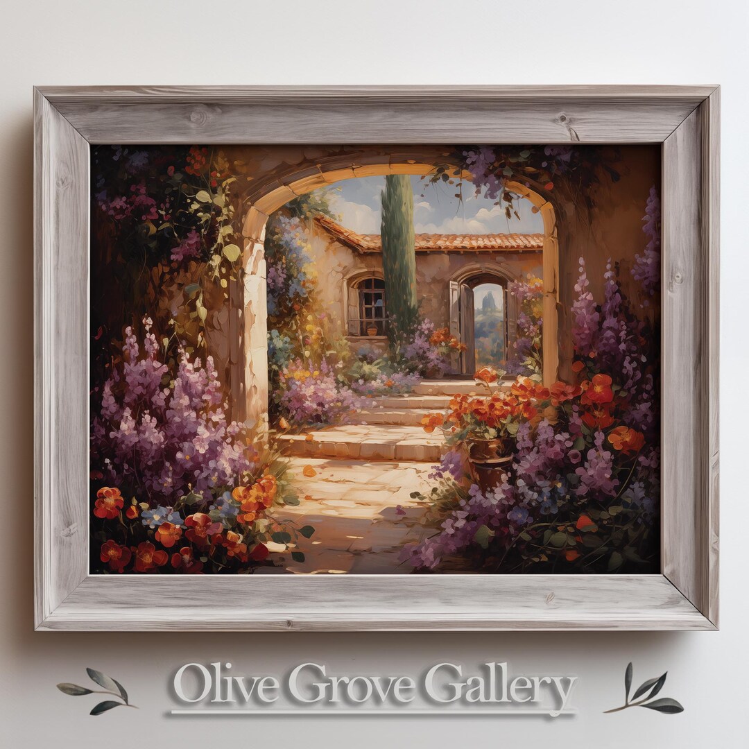 Charming Mediterranean Garden Courtyard Art | Lush Floral Archway ...
