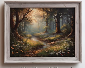 Enchanted Forest Green Wall Art Magical Woodland Stream Painting Wildflower Path Nature Print Soft Light Landscape Mystical Tree Scene Decor