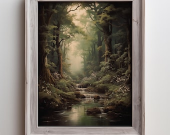Enchanted Forest Oil Painting - Mystical Woodland Scene with Waterfalls and Lush Greenery, Fantasy Wall Art for Nature Lovers and Home Decor