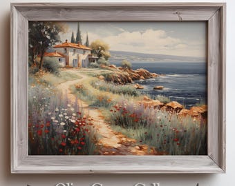 Charming Coastal Cottage Art | Mediterranean Seaside View Painting | Wildflower Path to Ocean | Nature-Inspired Wall Decor, Serene Landscape