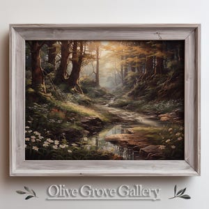 Serene Mystical Forest Painting with Enchanted Woodland Creek, Colorful Wildflowers, Magical Sunset Light, and Peaceful Nature Scenery