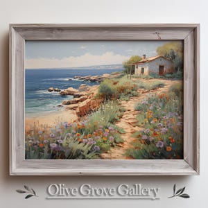 Charming Coastal Cottage Art | Serene Ocean View Wildflowers, Nature-Inspired Wall Decor, Scenic Beach Landscape Painting, Tranquil Seaside