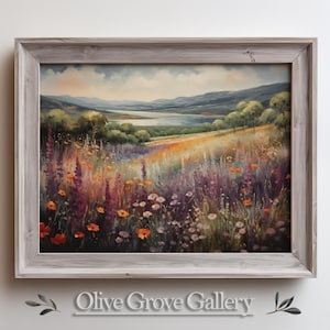 Wildflower Meadow with Colorful Blooms and Distant Hills | Serene Nature Wall Art | Digital Oil Painting, Scenic Floral Landscape Wall Decor