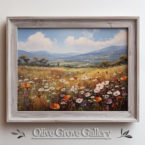 Vibrant Floral Field Landscape with Colorful Wildflowers and Hills | Nature Wall Art | Digital Rustic Oil Painting, Scenic Floral Wall Decor