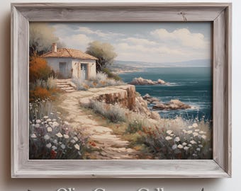 Charming Coastal Cottage Wall Art, Seaside Landscape Painting, Rustic House by the Sea, Serene Ocean View, Nature-Inspired Coastal Decor Art