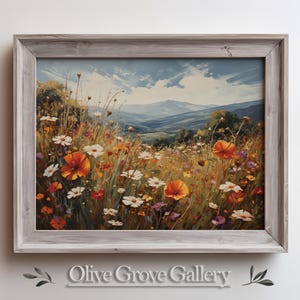 Vibrant Floral Field Landscape with Wildflowers and Mountains | Colorful Nature Wall Art | Digital Oil Painting, Rustic Botanical Wall Decor