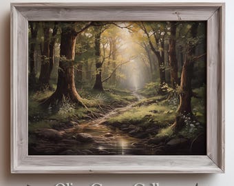 Mystical Forest Stream Art | Serene Sunlit Woodland Scene | Nature-Inspired Wall Decor | Peaceful Tree Landscape Painting | Calming Forest