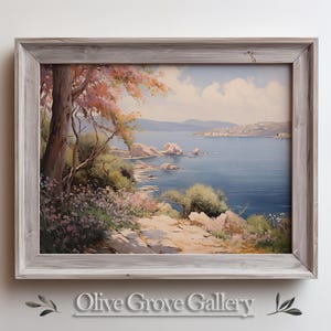 Colorful Mediterranean Coastline Wall Art, Sunny Seaside Landscape Painting, Floral Ocean View, Serene Coastal Decor, Nature Beach Artwork