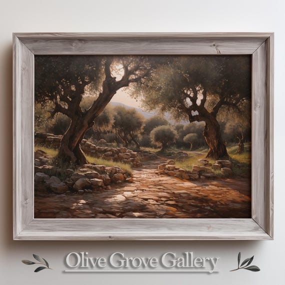 Serene Mediterranean Olive Grove Wall Art, Tranquil Landscape Painting, Rustic Nature-Inspired Path Wall Decor, Peaceful Woodland Art Scene