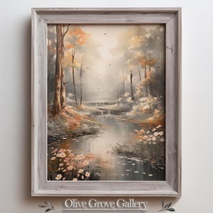 Mystical Forest Pond Digital Painting - Tranquil Woodland Scene with Soft Light and Wildflowers, Serene Nature Wall Art for Home Decor