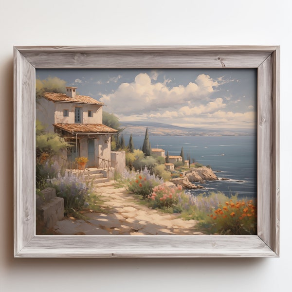 Vintage Coastal Oil Painting, Nature Landscape Print, Instant Download, Spring Farmhouse Decor, Digital Wall Art, Seascape  Antique Painting