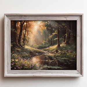 Peut inclure: Une peinture représentant une scène de forêt avec un ruisseau qui la traverse. Le soleil brille à travers les arbres, créant une lueur chaude et dorée. Le ruisseau est entouré d'une végétation luxuriante et de fleurs sauvages.