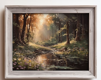 Pintura a óleo antiga verde floresta encantada, download digital, bela arte de paisagem florestal da natureza, pintura de pôr do sol de primavera com flores silvestres