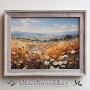 Floral Field Painting | Vibrant Wildflowers Landscape Art | Countryside Nature Print | Summer Meadow Wall Decor | Rustic Flower Art