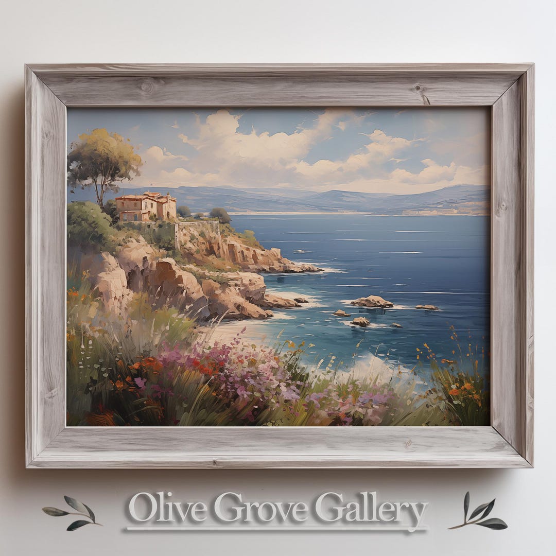 Rustic Coastal Villa Wall Art, Mediterranean Seaside Landscape Painting ...