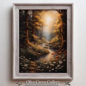 Mystical Forest Enchanted Oil Painting, Dreamy Woodland Path with Flowers, Nature-Inspired Wall Art, Serene Landscape Decor for Home