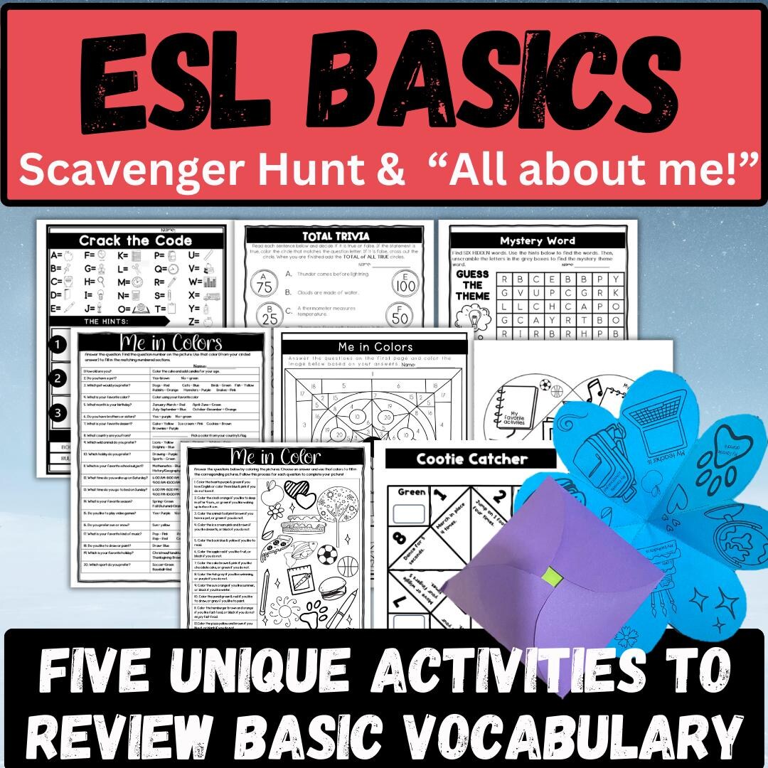 ESL Vocabulary Activities: Scavenger Hunt, Code Crack, Cootie Catcher ...