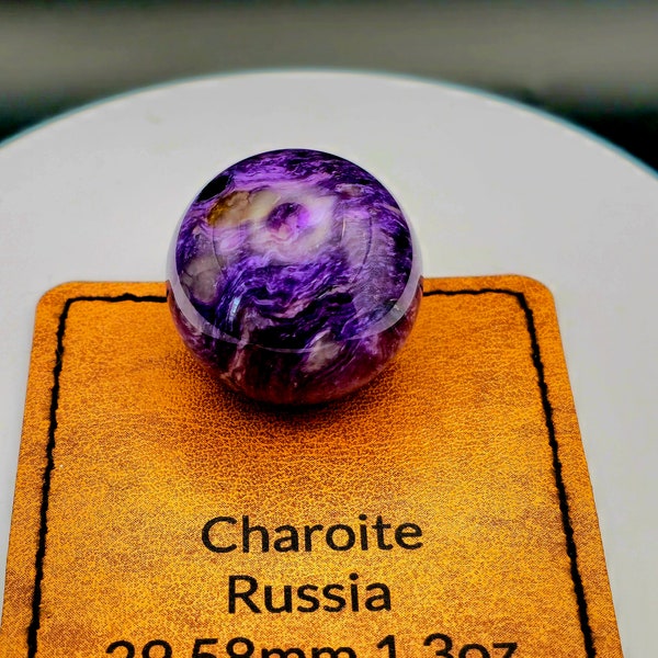 Charoite "lilac stone" sphere high gloss, beautiful deep color, the "transformation stone" 30 mm pocket sized gemstone with stand/placard.