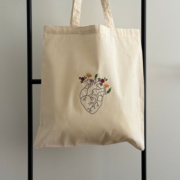 Embroidered bag - Tote Bag / Flowered Heart