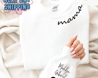 Custom Mama Sweatshirt with Kid Name on Sleeve, Personalized Mom Sweatshirt, Minimalist Momma Sweater, Mothers Day Gift, Gift for Her