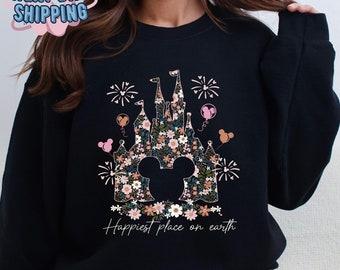 Flower Pattern Disney Castle Sweatshirt, Vintage Disney Hoodie, Happiest Place on Earth, Magic Kingdom Sweatshirt, Disney World, Mouse Ears